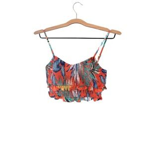 Tropical Print Crop Top Ruffle Smocked Cami Sleeveless Adjustable Straps Top Med